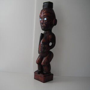 Vintage New Zealand Maori 19" Hand Carved Wood Teko Tiki Totem Statue Shell Eyes